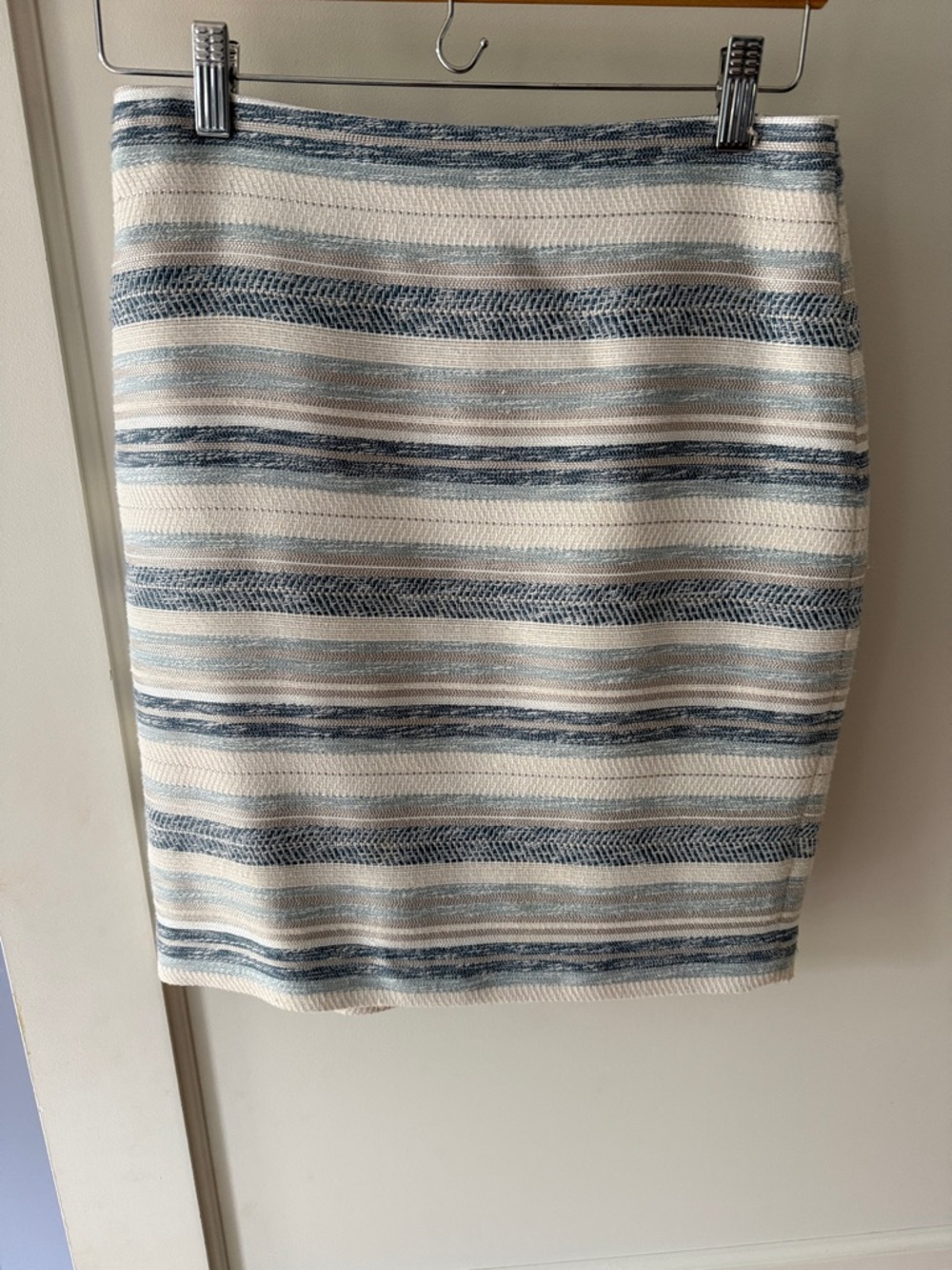 Ann Taylor Striped Cream and Blue Pencil Skirt